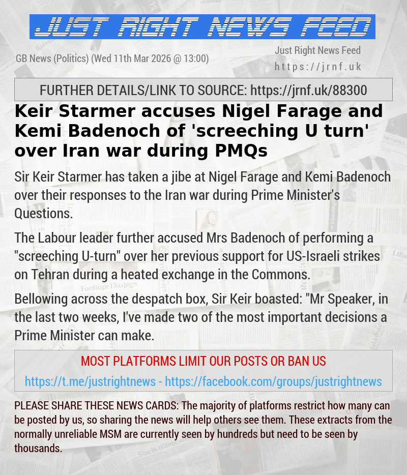 Keir Starmer accuses Nigel Farage and Kemi Badenoch of ’screeching U—turn’ over Iran war during PMQs