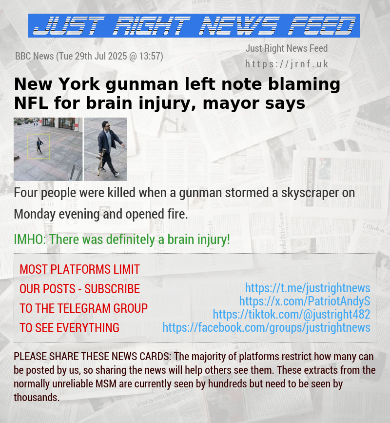 New York gunman left note blaming NFL for brain injury, mayor says