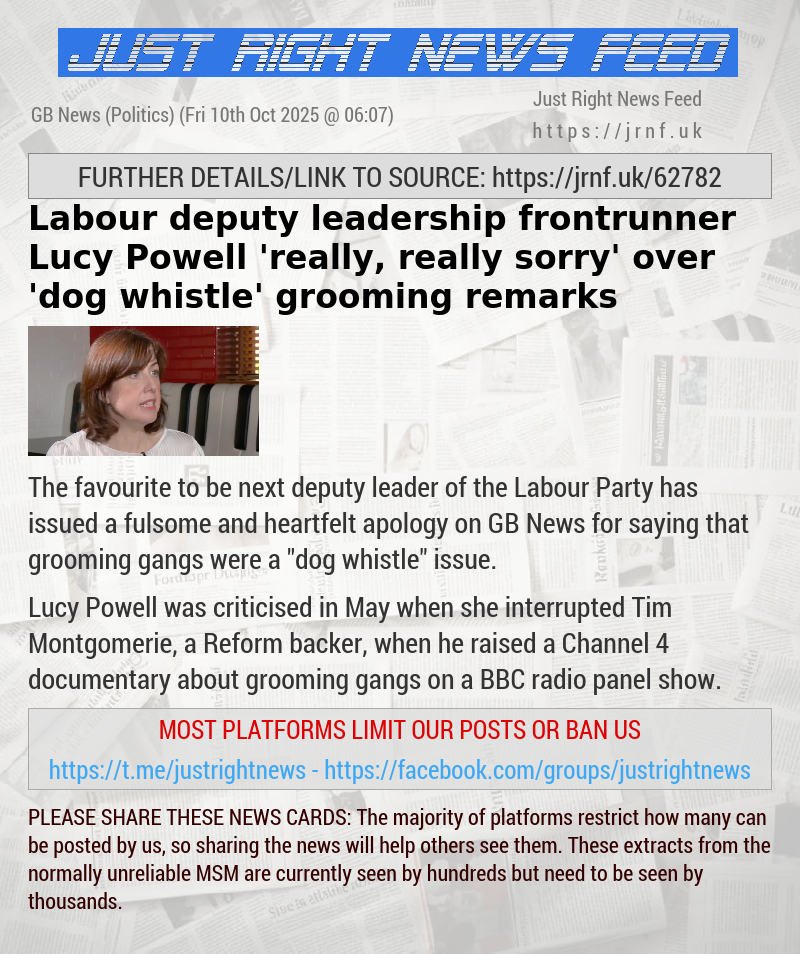 Labour deputy leadership frontrunner Lucy Powell ’really, really sorry’ over ’dog whistle’ grooming remarks