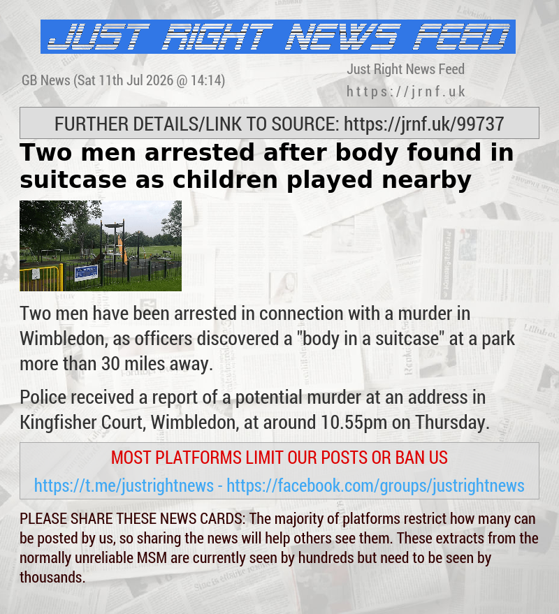 Two men arrested after body found in suitcase as children played nearby