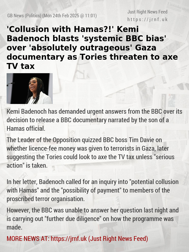 ’Collusion with Hamas?!’ Kemi Badenoch blasts ’systemic BBC bias’ over ’absolutely outrageous’ Gaza documentary as Tories threaten to axe TV tax