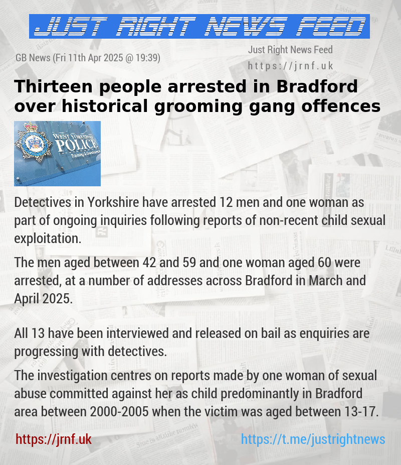 Thirteen people arrested in Bradford over historical grooming gang offences