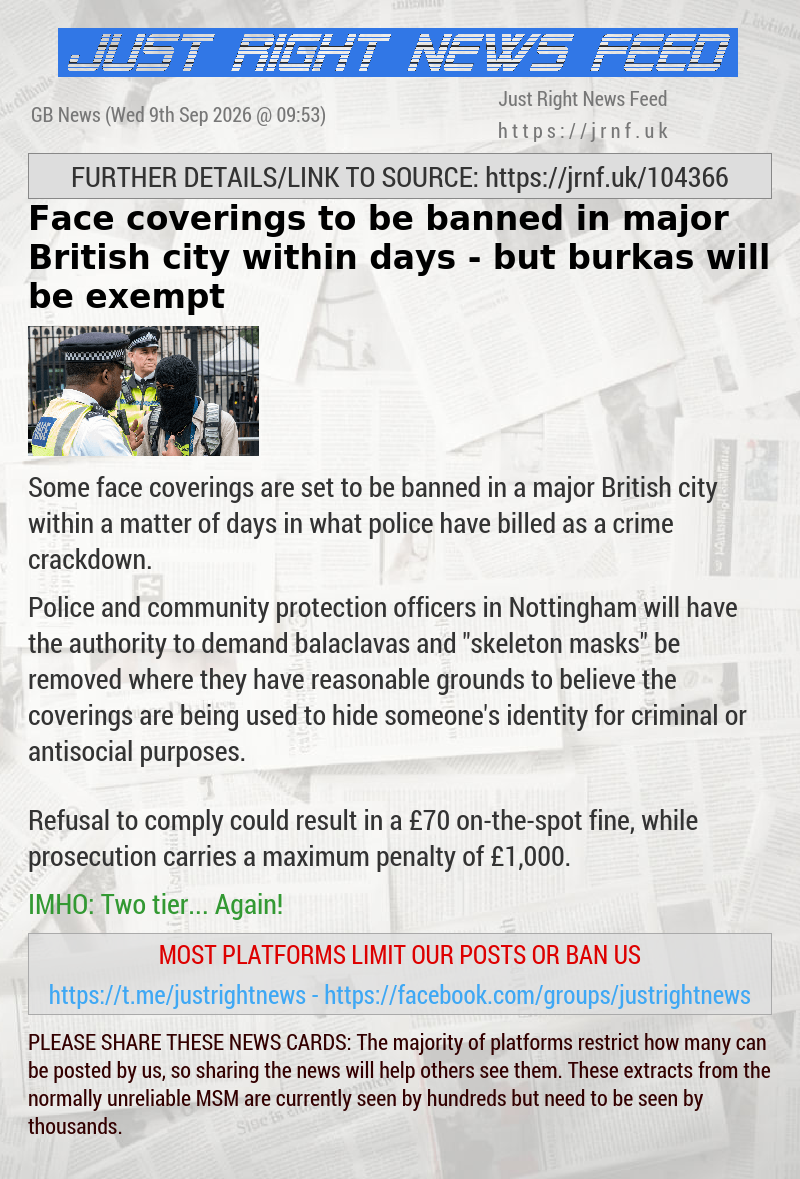 Face coverings to be banned in major British city within days — but burkas will be exempt