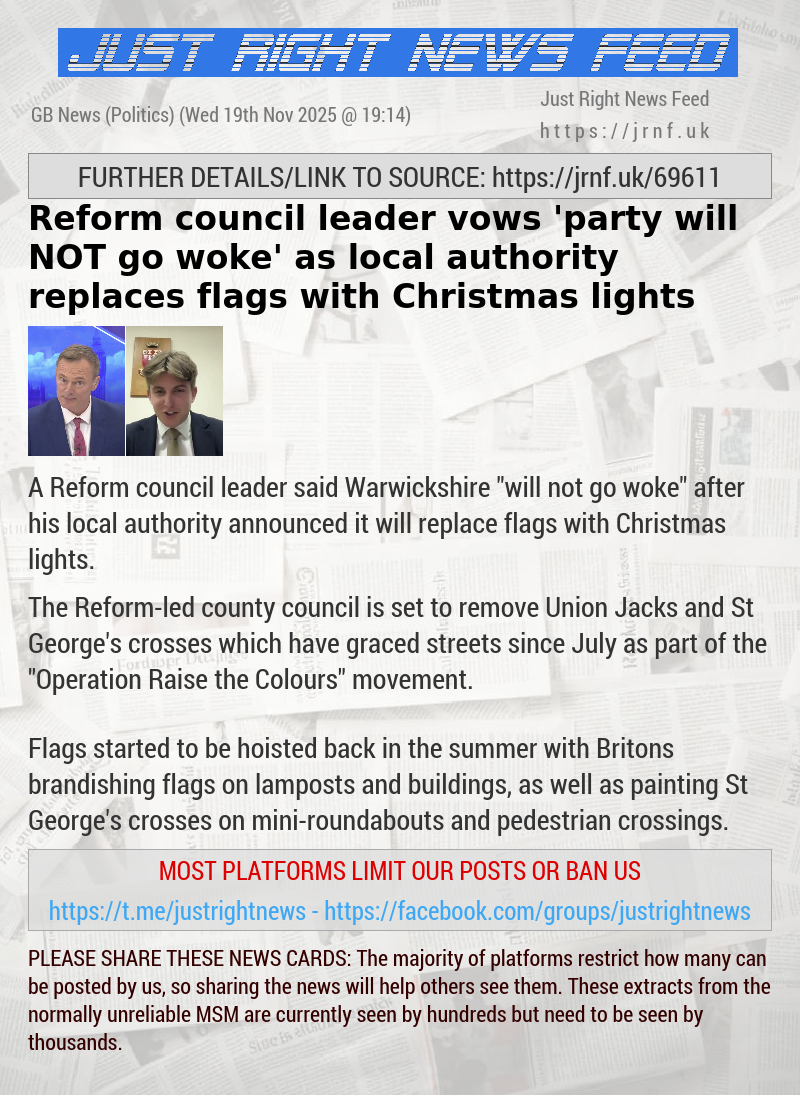 Reform council leader vows ’party will NOT go woke’ as local authority replaces flags with Christmas lights