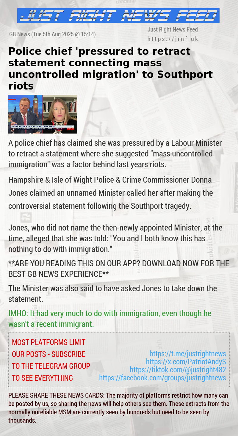Police chief ’pressured to retract statement connecting mass uncontrolled migration’ to Southport riots