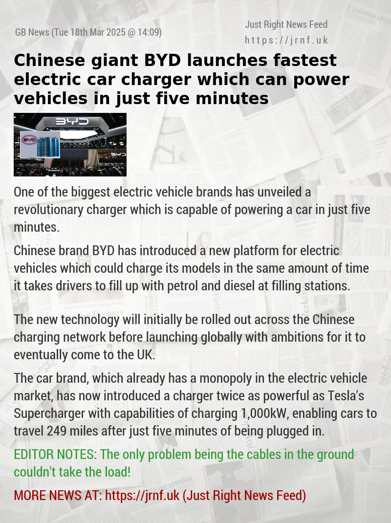 Chinese giant BYD launches fastest electric car charger which can power vehicles in just five minutes