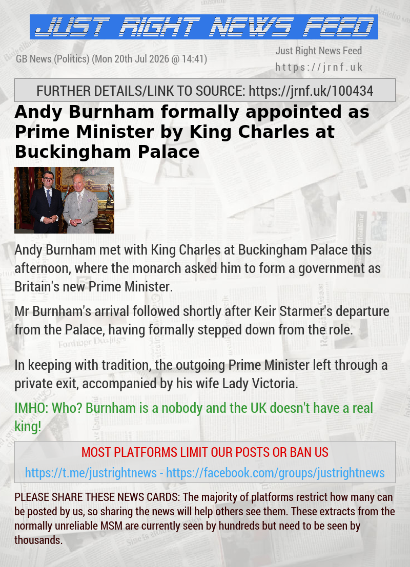 Andy Burnham formally appointed as Prime Minister by King Charles at Buckingham Palace