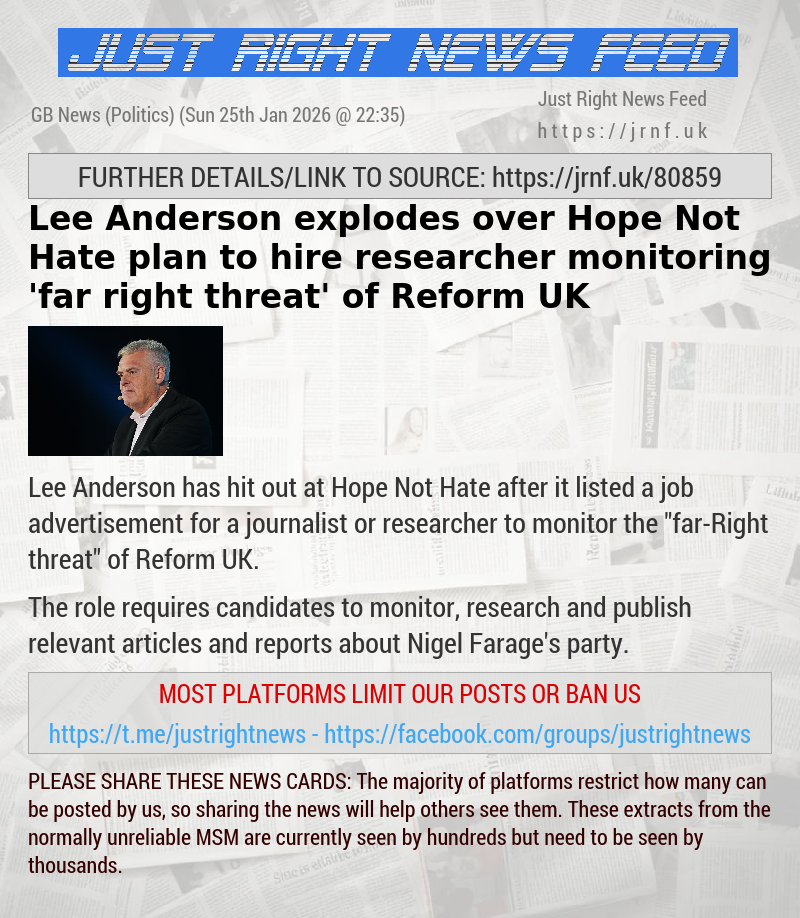 Lee Anderson explodes over Hope Not Hate plan to hire researcher monitoring ’far—right threat’ of Reform UK