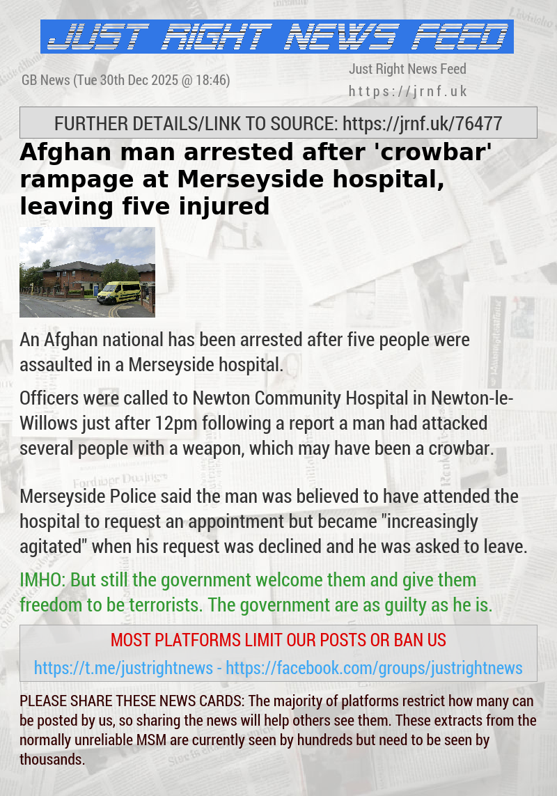 Afghan man arrested after ’crowbar’ rampage at Merseyside hospital, leaving five injured