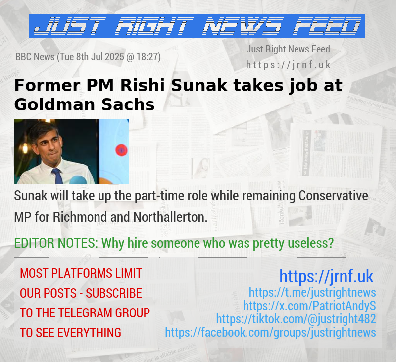 Former PM Rishi Sunak takes job at Goldman Sachs