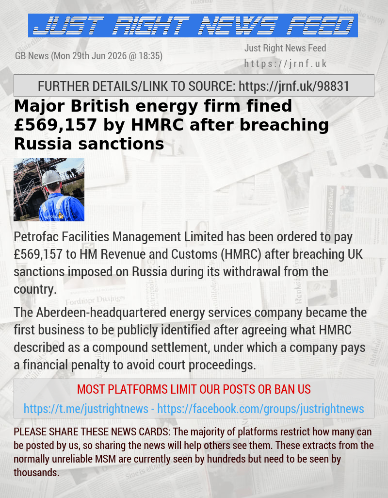 Major British energy firm fined &pound;569,157 by HMRC after breaching Russia sanctions
