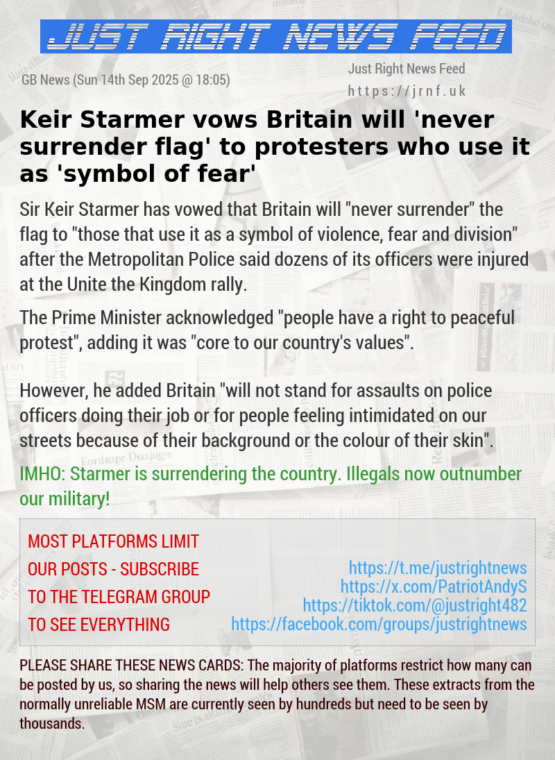 Keir Starmer vows Britain will ’never surrender flag’ to protesters who use it as ’symbol of fear’