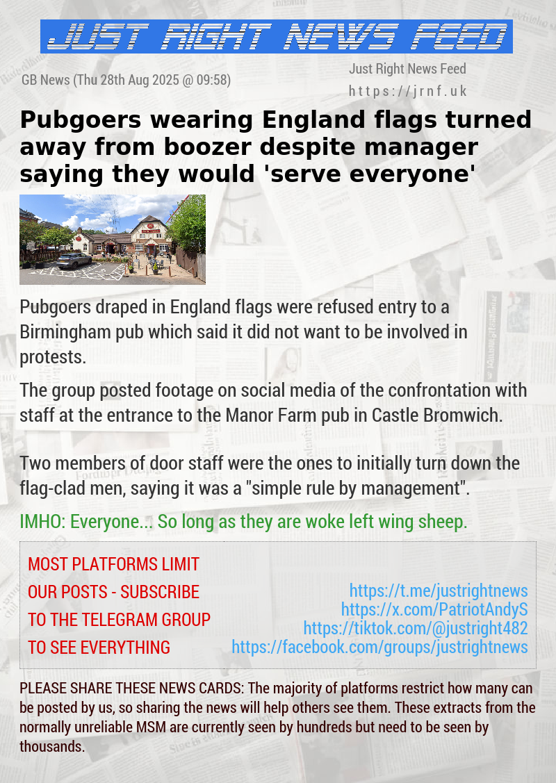 Pubgoers wearing England flags turned away from boozer despite manager saying they would ’serve everyone’