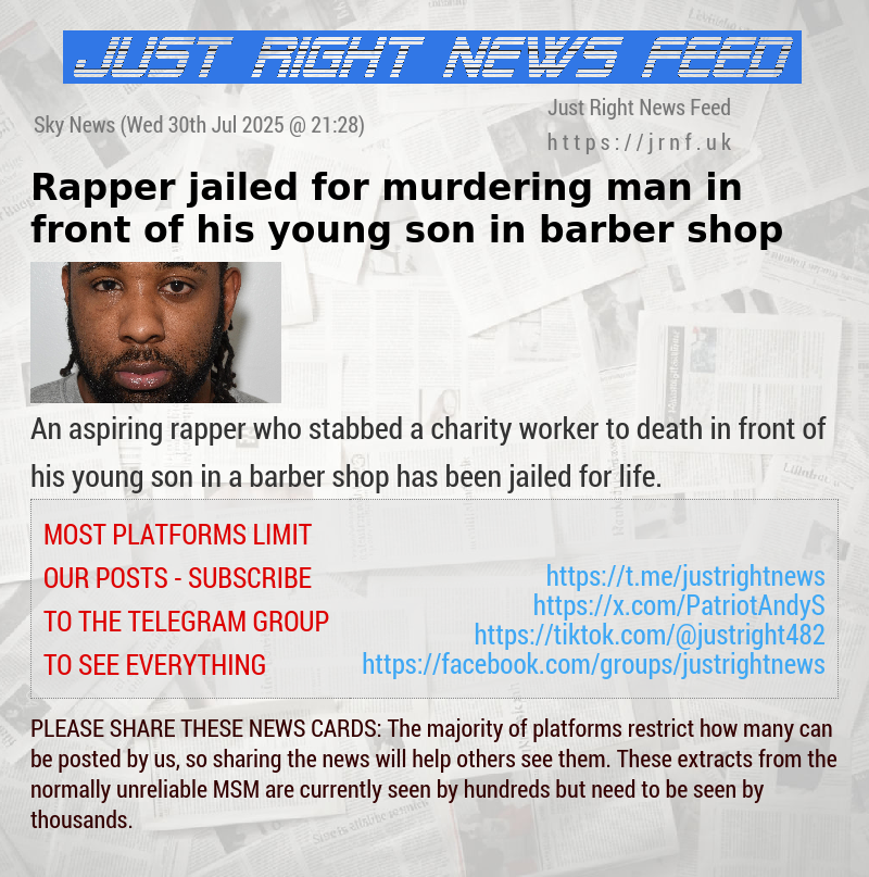 Rapper jailed for murdering man in front of his young son in barber shop 