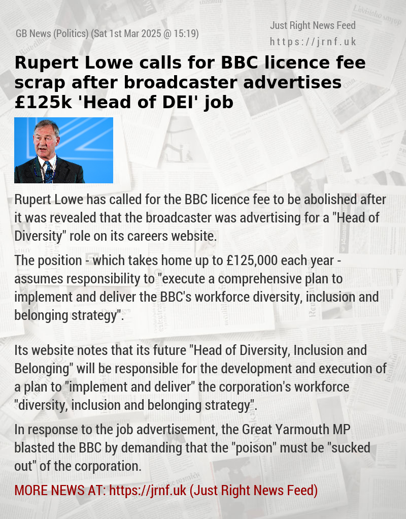 Rupert Lowe calls for BBC licence fee scrap after broadcaster advertises £125k ’Head of DEI’ job