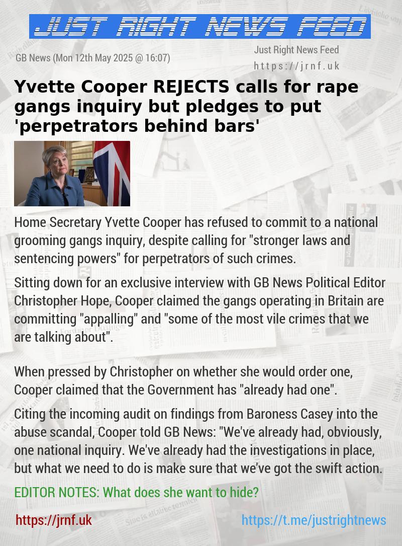 Yvette Cooper REJECTS calls for rape gangs inquiry but pledges to put ’perpetrators behind bars’