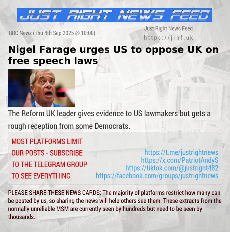 Nigel Farage urges US to oppose UK on free speech laws