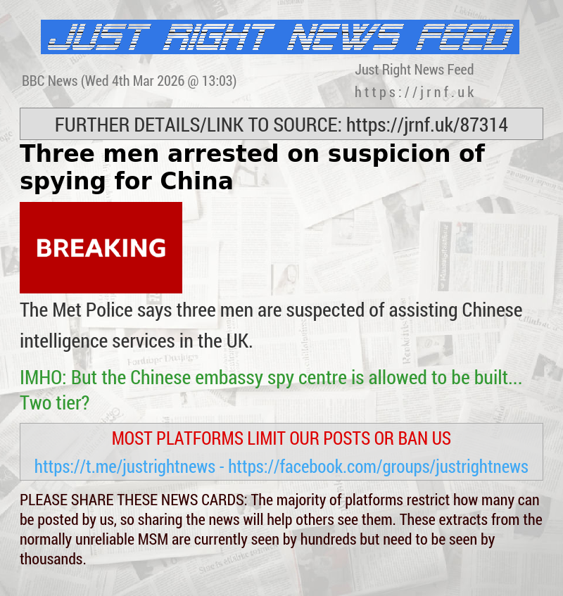 Three men arrested on suspicion of spying for China
