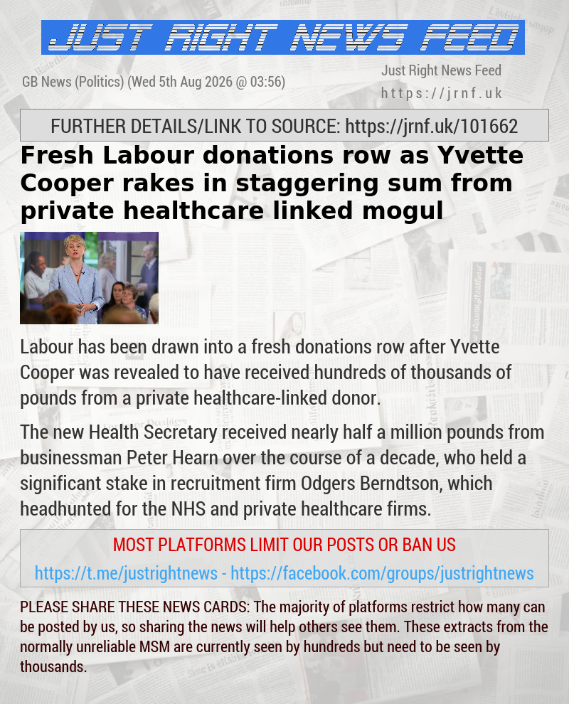 Fresh Labour donations row as Yvette Cooper rakes in staggering sum from private healthcare—linked mogul