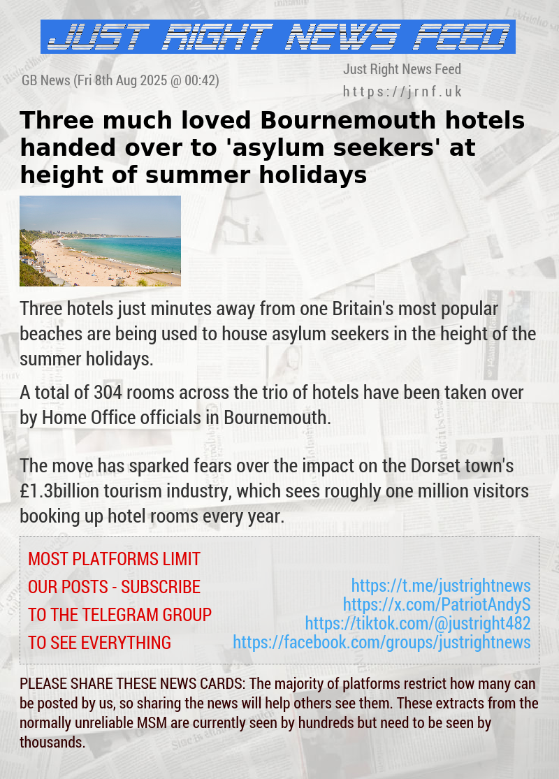 Three much—loved Bournemouth hotels handed over to ’asylum seekers’ at height of summer holidays
