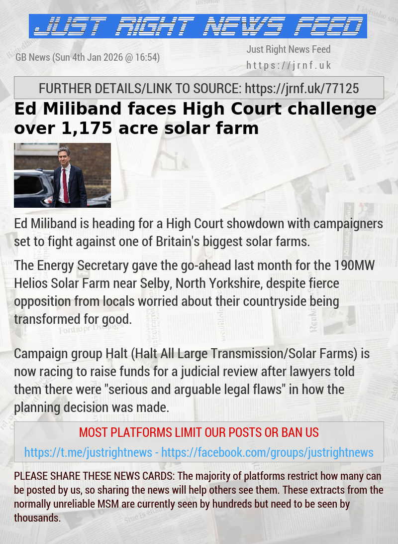 Ed Miliband faces High Court challenge over 1,175—acre solar farm