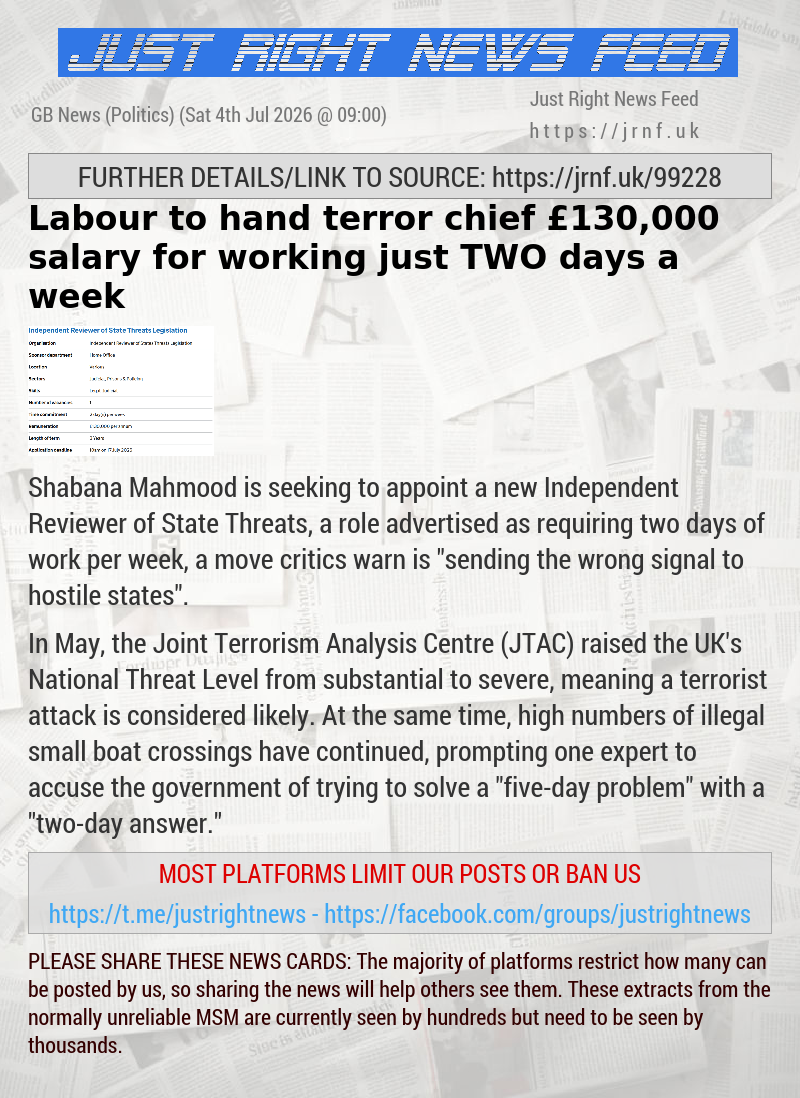 Labour to hand terror chief &pound;130,000 salary for working just TWO days a week