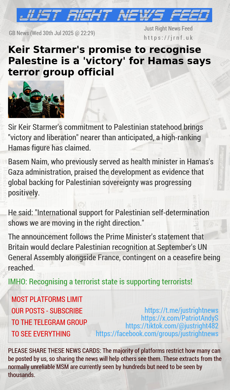 Keir Starmer’s promise to recognise Palestine is a ’victory’ for Hamas says terror group official