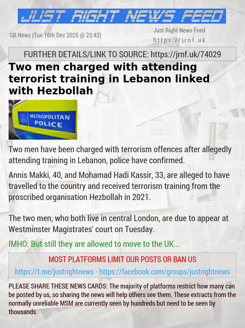 Two men charged with attending terrorist training in Lebanon linked with Hezbollah