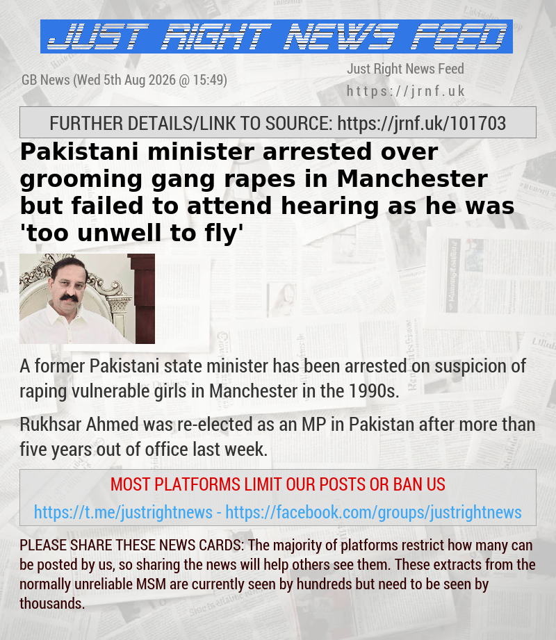 Pakistani minister arrested over grooming gang rapes in Manchester but failed to attend hearing as he was ’too unwell to fly’