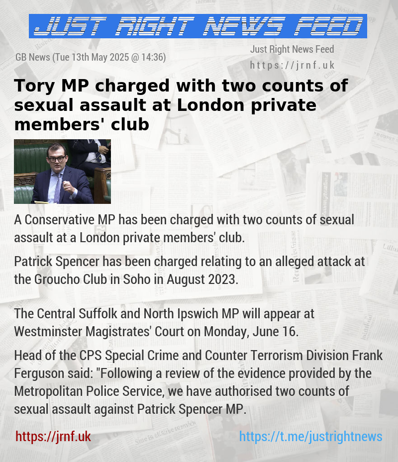 Tory MP charged with two counts of sexual assault at London private members’ club
