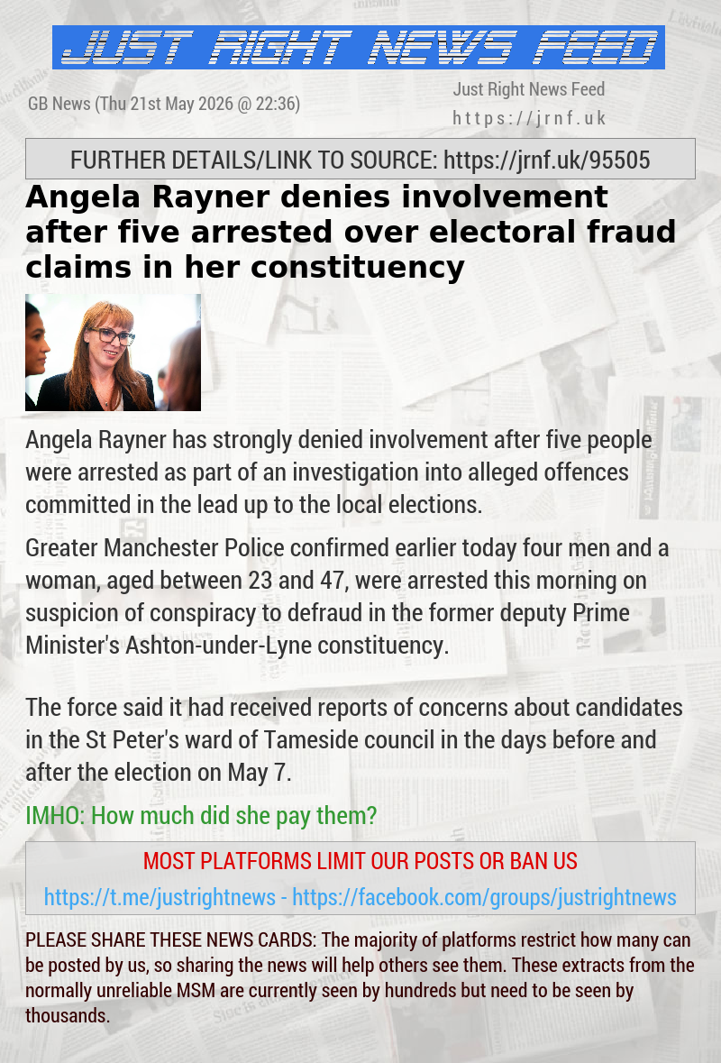 Angela Rayner denies involvement after five arrested over electoral fraud claims in her constituency
