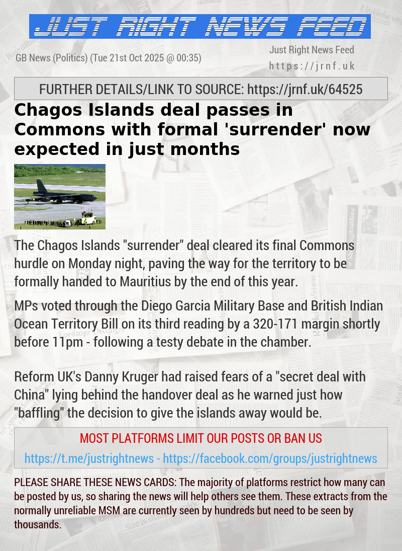 Chagos Islands deal passes in Commons — with formal ’surrender’ now expected in just months
