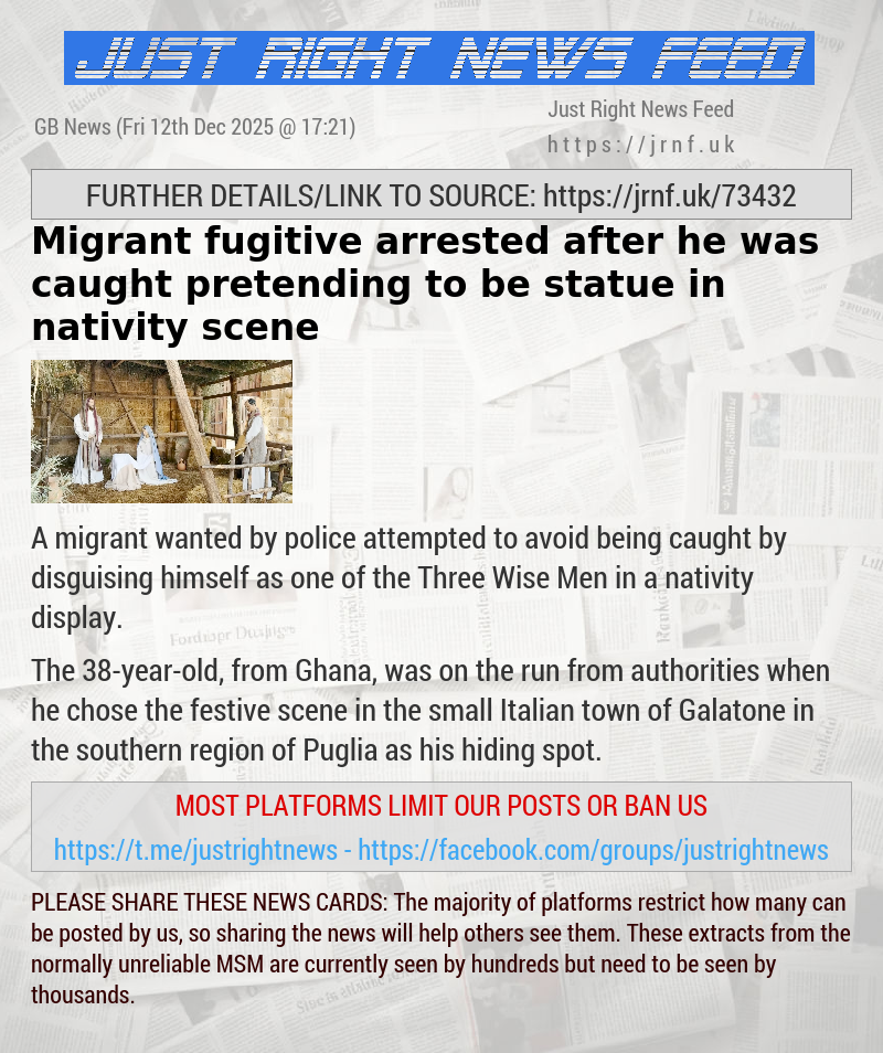 Migrant fugitive arrested after he was caught pretending to be statue in nativity scene