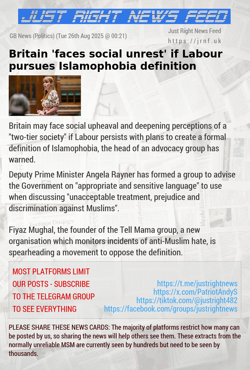 Britain ’faces social unrest’ if Labour pursues Islamophobia definition