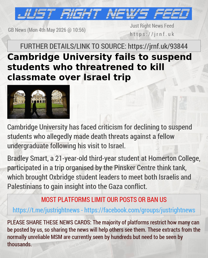 Cambridge University fails to suspend students who threatrened to kill classmate over Israel trip
