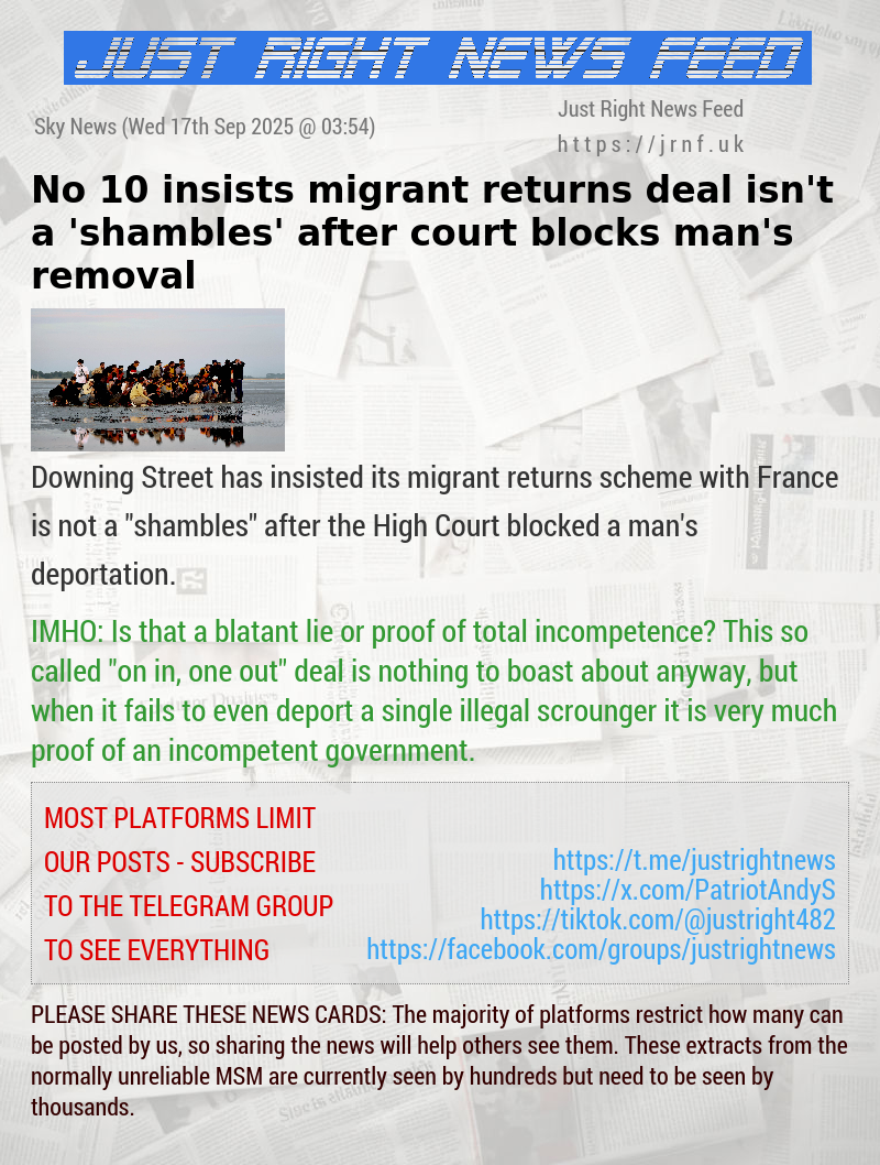 No 10 insists migrant returns deal isn’t a ’shambles’ after court blocks man’s removal