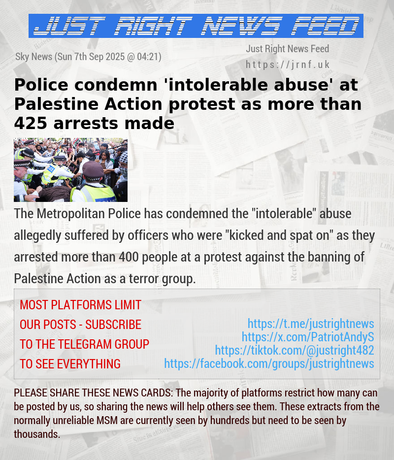 Police condemn ’intolerable abuse’ at Palestine Action protest — as more than 425 arrests made