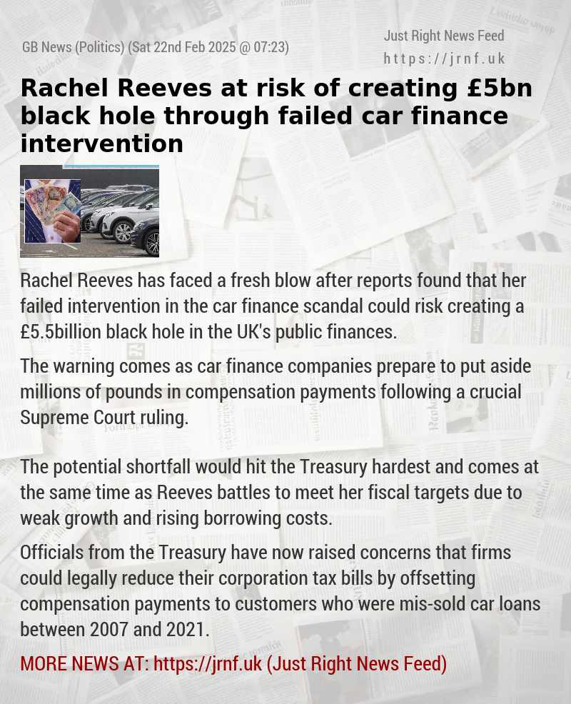 Rachel Reeves at risk of creating £5bn black hole through failed car finance intervention