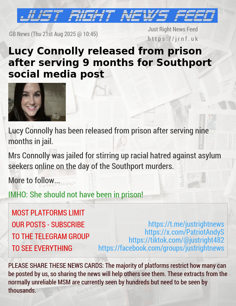 Lucy Connolly released from prison after serving 9 months for Southport social media post