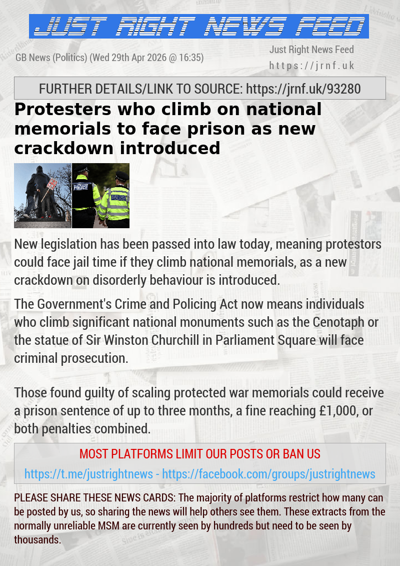 Protesters who climb on national memorials to face prison as new crackdown introduced