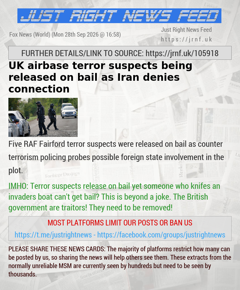 UK airbase terror suspects being released on bail as Iran denies connection