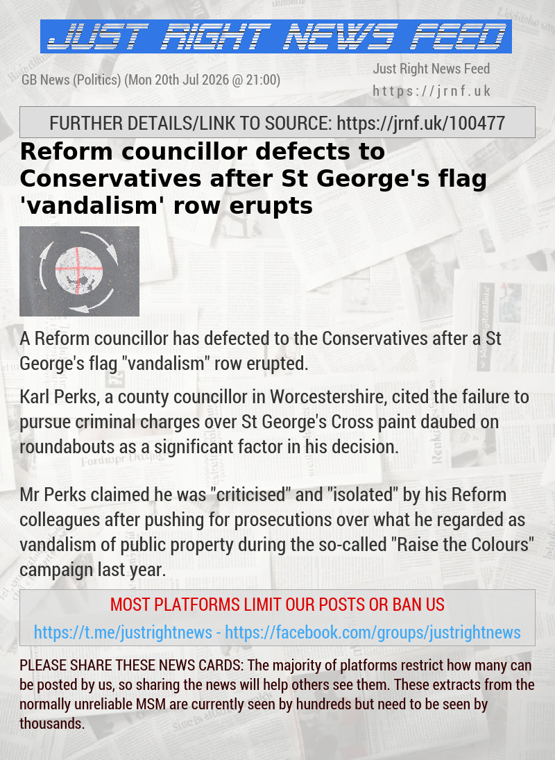 Reform councillor defects to Conservatives after St George’s flag ’vandalism’ row erupts