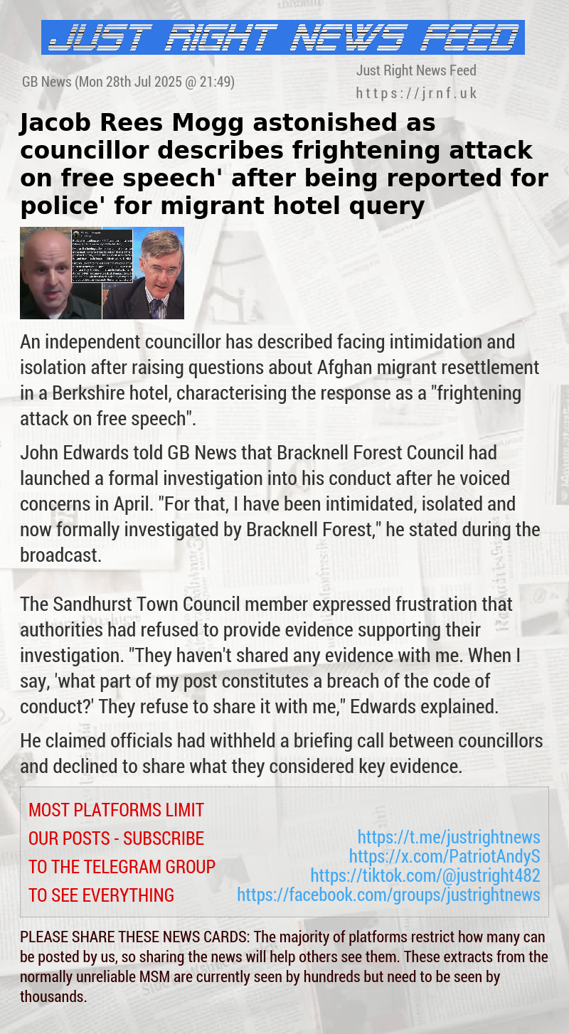 Jacob Rees—Mogg astonished as councillor describes ‘frightening attack on free speech’ after being ‘reported for police’ for migrant hotel query