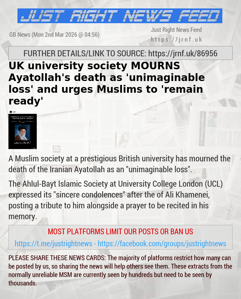UK university society MOURNS Ayatollah’s death as ’unimaginable loss’ — and urges Muslims to ’remain ready’