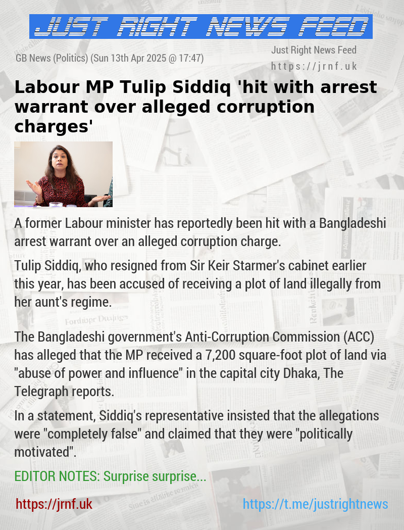 Labour MP Tulip Siddiq ’hit with arrest warrant over alleged corruption charges’