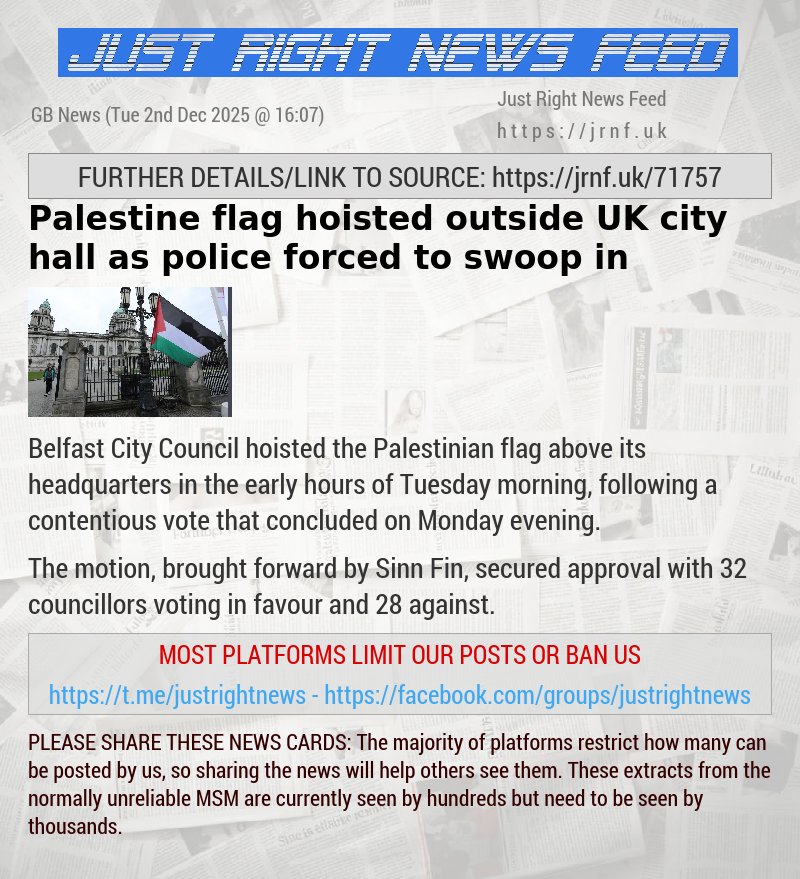 Palestine flag hoisted outside UK city hall as police forced to swoop in