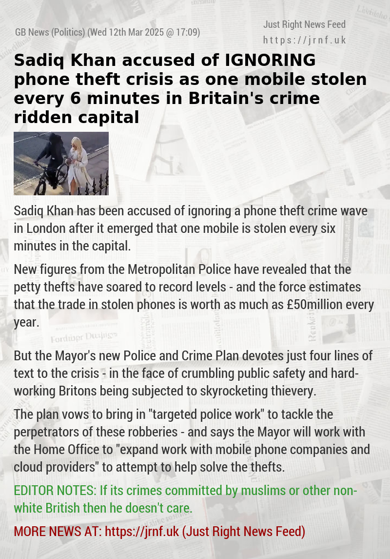 Sadiq Khan accused of IGNORING phone theft crisis as one mobile stolen every 6 minutes in Britain’s crime—ridden capital