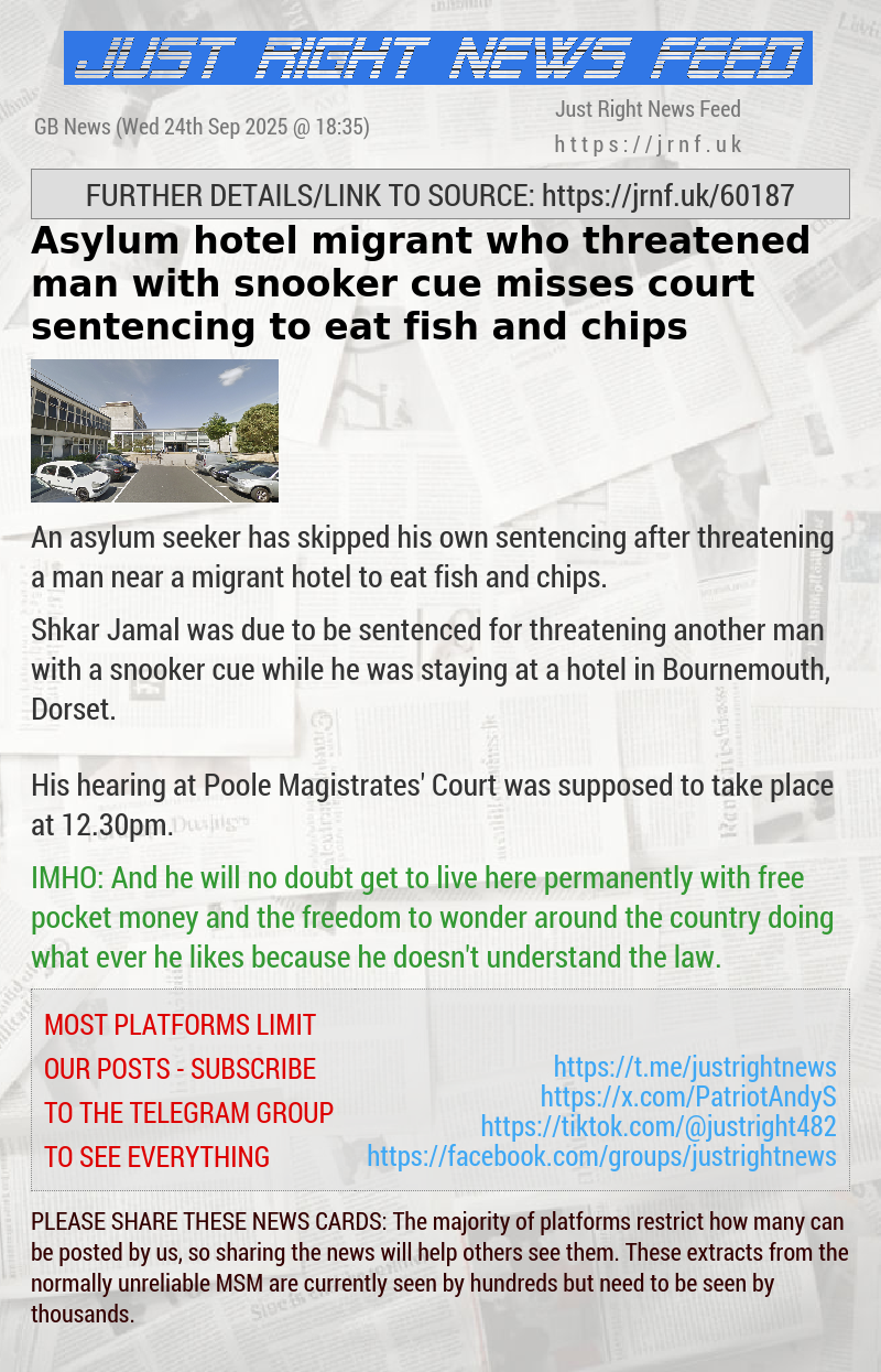 Asylum hotel migrant who threatened man with snooker cue misses court sentencing to eat fish and chips