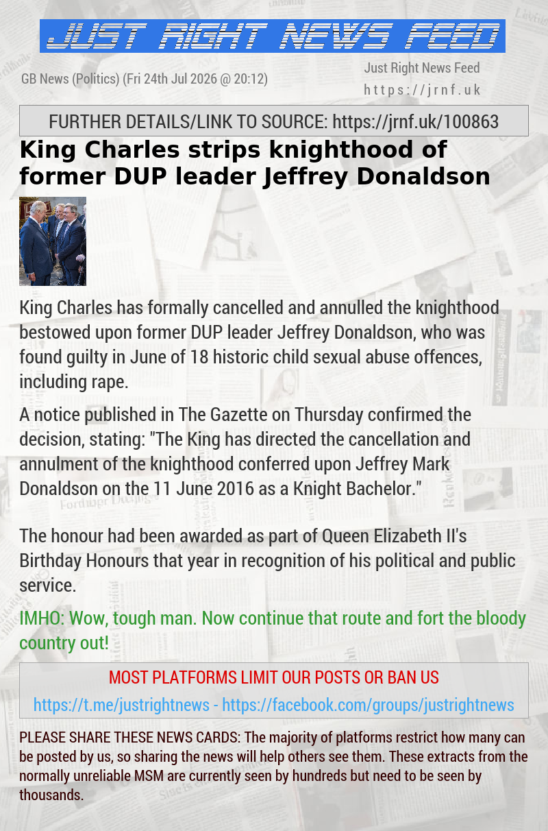 King Charles strips knighthood of former DUP leader Jeffrey Donaldson