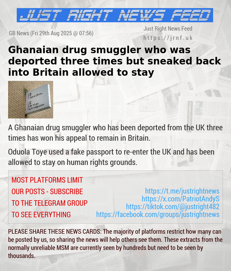 Ghanaian drug smuggler who was deported three times but sneaked back into Britain allowed to stay